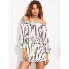Black And White Striped Jumpsuit With Sleeves Black And White Striped Off The Shoulder Drawstring Jumpsuit 28 Liked On Polyvore Featurin Black And White Romper White Striped Romper Jumpsuits For Women