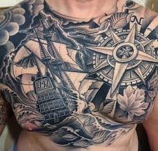 Black And Grey Chest Tattoo Men Nautical Tattoos Inked Magazine Chest Tattoo Men Sailor Tattoos Cool Chest Tattoos