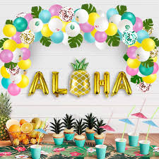 A hawaiian luau theme brings the feeling of a tropical vacation to any event. Amazon Com Luau Party Supplies Hawaiian Decorations Set 96pcs Aloha Banner Tropical Leaves Confetti Balloon Arch Drinking Straws Flamingo Pineapple Summer Beach Pool Backdrop Toys Games