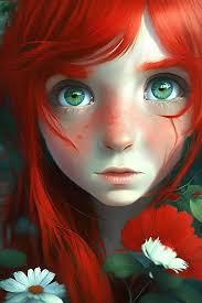 chica anime peliroja y ojos de flor rojo"