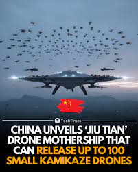 China has revealed a massive unmanned “mothership” concept called Jiu Tian that can carry heavy payloads and deploy swarms of up to 100 small kamikaze or recon drones. The idea is to