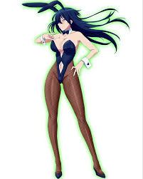 miyai kana, hida reiri, masou gakuen hxh, highres, official art, 1girl,  bare shoulders, black hair, blue eyes, breasts, cleavage, female focus,  fishnet pantyhose, fishnets, high heels, large breasts, legs, leotard, long  hair,