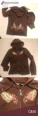 Harley Davidson Zip Hoodie Brown Harley Davidson Zip Up Hoodie With Graphic Wing On Both Front And Back Pink Embroidery Hoodies Zip Hoodie Harley Davidson