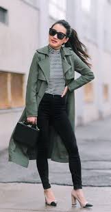 Black And White Striped Top Outfit Olive Trench Coat Cap Toe Pumps Green Coat Outfit Striped Top Outfit Summer Olive Green Jacket Outfits