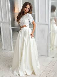 Find the perfect wedding dress for your big day. Two Piece Round Neck Lace Top Short Sleeves Satin Wedding Dress