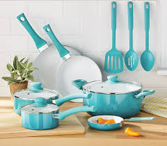 Mainstays Ceramic Nonstick 12 Piece Cookware Set Teal Ombre Walmart Com Teal Kitchen Decor Cookware Set Teal Kitchen