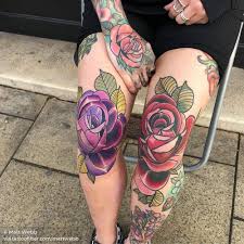 Matching Traditional Roses On The Knees Red Rose And Hand Healed Purple Rose Fresh Knee Tattoo Purple Rose Tattoos Full Leg Tattoos