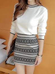 Women knitted suit skirt and top set winter 2019 autumn long sleeve female knitwear with midi skirts sets two pieces vestidos. Round Neck Knitted Printed Top And Mini Skirt Cheapclothingcity Com Women Sweaters Winter Elegant Sweater Chiffon Blouse Long Sleeve