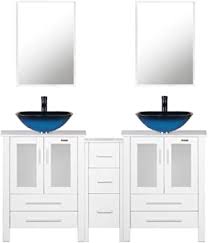 Bathroom vanity glass top are very popular among interior decor enthusiasts as they allow for an added aesthetic appeal to the overall vibe of a property. Amazon Com 60 White Bathroom Vanity Double Vanity 0 5 Tempered Glass Vessel Sink Sea Blue Orb Faucet Drain Parts Bathroom Vanity Top Glass Sink Bowl Removable Vanity Pedestal Mdf Board Mirror Mounting Ring Furniture Decor