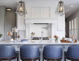 blue leather counter stools at island