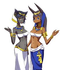 32033 Safe Artist Inaba Koh Anbs 02 Zenonzard Canine Cat Feline Jackal Mammal Anthro Zenonzard Blue Eyes Breasts Brown Eyes Clothes Duo Duo Female Egypt Female Females Only Looking At You Smiling Furbooru