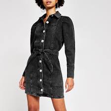 3.8 out of 5 stars. Black Puff Sleeve Denim Shirt Mini Dress River Island
