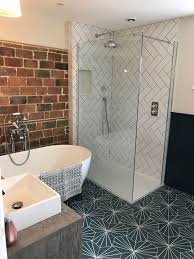 Bathroom Renovation Herringbone Tile Exposed Brick Feature Wall Moroccan Hex Floor Tiles Brick Bathroom Bathroom Inspiration Herringbone Tile Bathroom