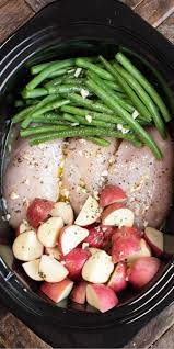 Slow Cooker Seasoned Chicken Green Beans And Potatoes Recipe In 2021 Chicken Crockpot Recipes Chicken Slow Cooker Recipes Healthy Crockpot Recipes