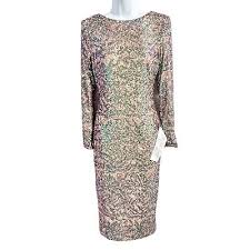DRESS the Population Emery Long Sleeve Sequin Cocktail Dress in Blush Multi  New