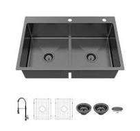 Glacier Bay 33 in. Drop-In Double Bowl Gunmetal Black Stainless Steel  Kitchen Sink with Spring Neck Faucet 4643FGM-1