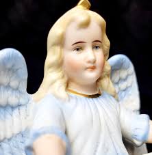 Beautiful Antique German Bisque Porcelain Holy Water Font With Angel in  Blue