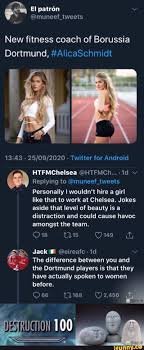 Alica schmidt appointed fitness coach. Muneef Tweets New Fitness Coach Of Borussia Dortmund Alicaschmidt Or Twitter For Android Htfmchelsea Htfmch 1d V Replying To Muneef Tweets Personally I Wouldn T Hire A Girl Like That To Work At Chelsea