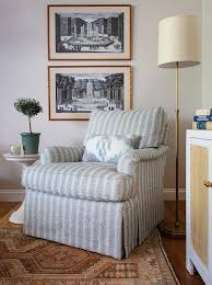 Natalie wing chair antique white upholstery with grey velvet from gray and white accent chairs, source:glamourliving.com.au. Blue Roll Arm Chair With Antique Brass Floor Lamp Transitional Living Room