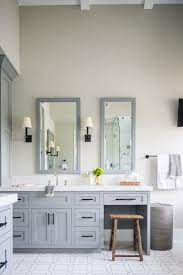The vanity is finished in light gray, with a white Matte Black Hardware Round Up Studio Mcgee Grey Bathroom Vanity Rustic Bathroom Vanities Modern Bathroom Vanity