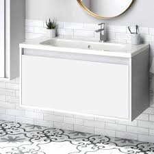White with white top and brushed nickel faucets materials: Ebern Designs Tirbeca 40 Wall Mounted Single Bathroom Vanity Set Wayfair