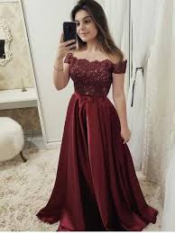 Modern Satin Lace Off The Shoulder Short Sleeves A Line Prom Dresses Pd290 Maroon Prom Dress Burgundy Prom Dress Prom Dresses Lace