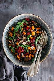 Fall Salad With Beluga Lentils Grapes And Roasted Pumpkin Recipe Autumn Salad Vegan Thanksgiving Side Dishes Autumn Salad Recipes