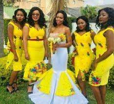 Its all about beautiful bright colours and cultural display.dresses. Bridesmaids In Beautiful Yellow Tsonga Print Dresses For Traditional Wedding African Fashion Traditional African Traditional Wedding Dress Tsonga Traditional Dresses