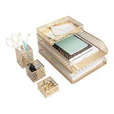 Choose from 4pc, 5pc and 7pc set: Buy Blu Monaco Office Supplies Gold Desk Accessories For Women 6 Piece Interlocking Stylish Desk Organizer Set Pen Cup 3 Accessory Trays 2 Letter Trays Gold Office Paper Tray Holder Online In Indonesia B08f65n3nw