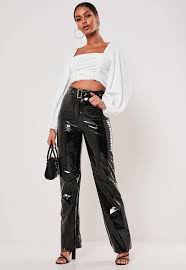 Missguided Black Vinyl Belted Straight Leg Trousers Straight Leg Pants Vinyl Trousers Vinyl Leggings