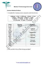 Words used in medicine are comprised of one or more parts called: 2 Medical Terminology Prefixes Esl Worksheet By Realmedicalenglish Com