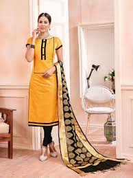 Black And Yellow Suit Design Beautiful Yellow And Black Combination Chanderi Cotton Suit Salwar Suit Neck Designs Neck Designs For Suits Dress Design Patterns