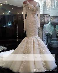 Luxury Lace Wedding Dresses With Detachable Train Off Shoulder Beaded Mermaid Bridal Gowns Applique Ivory Satin Plus Size Wedding Dress Discount Bridal Gowns Dr Long Sleeve Mermaid Wedding Dress Lace Wedding
