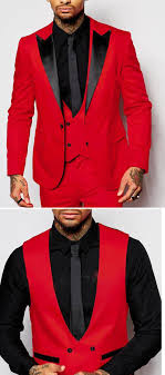 Black And Red Prom Tux Red And Black Prom Suit Peak Lapel Three Pieces Men Suit Jacket Pants Vest Pl745 Prom Suits For Men Prom Suits Red Prom Suit