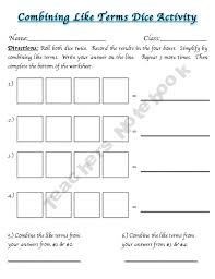 Combining Like Terms Dice Activity Combining Like Terms Math Expressions Like Terms