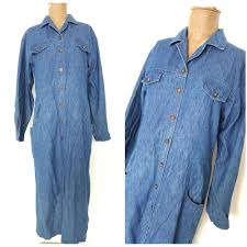 Vintage 90s Eddie Bauer Jean Dress Size Medium Blue Denim Long Front Pockets Eddiebauer Shirtdress Cas Vintage Jean Dress Denim Shirt Dress Jean Shirt Dress