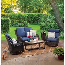 Better Homes Gardens Ravenbrooke 4 Piece Patio Furniture Conversation Set Wicker With Swivel Chairs Walmart Com Backyard Furniture Garden Patio Furniture Patio Furniture Conversation Sets