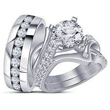 Pure 925 Silver White Gold Finish Diamond Engagement Ring Wedding Band Trio Set Special Engagement Ring Engagement Ring Wedding Band Silver Engagement Rings