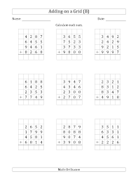 The Adding Four 4 Digit Numbers On A Grid B Math Worksheet From The Addition Worksheets Pag Mathematics Worksheets Pre Algebra Worksheets Addition Worksheets