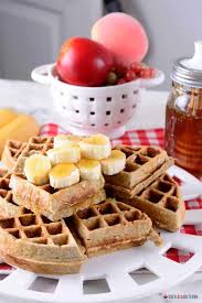 In a blender, combine the almond milk, eggs, egg whites, maple syrup and vanilla, secure the lid and blend for a few seconds. Banana Oatmeal Waffles Healthy Oatmeal Waffles Chef Lola S Kitchen