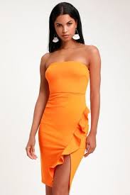 Buy A Cute Women S Coral Dress Latest Styles Of Orange Cocktail Dresses And Formal Gowns Fo Orange Bodycon Dress Ruffle Bodycon Dress Strapless Bodycon Dress