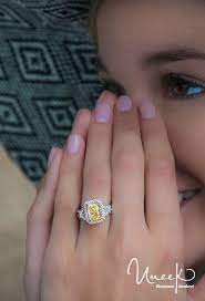 Uneek Fine Jewelry Fancy Yellow Diamond Radiant Center Three Stone Engageme Yellow Engagement Rings Canary Diamond Engagement Ring Yellow Diamonds Engagement