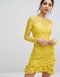 Prettylittlething Lace Asymmetric Frill Detail Bodycon Dress Yellow Yellow Lace Dresses Cocktail Dress Yellow Cocktail Dress Lace