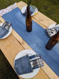 Denim Lace Table Runner Distressed Jean Wedding Decor Etsy In 2020 Denim Table Decor Denim And Lace Lace Table Runners