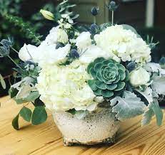 Table Centerpiece With Succulents Succulent Hydrangea Bouquet White Hydrangea Centerpieces White Flower Centerpieces