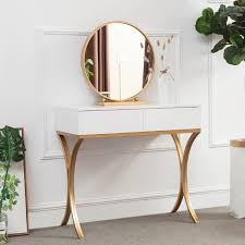 White Wood Makeup Table With Round Mirror Chair Set Gold Metal Base In 2020 White Wood Table Kitchen Interior Design Decor Rose Gold Furniture