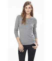 Express Rhinestone Embellished Crew Neck Sweater In Heather Gray Grey Lyst