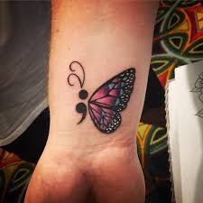 Black And Purple Butterfly Tattoo Purple Pink And Black Tattoo Of A Butterfly With A Black Semi Colon Body Idea For A Semicolon Tattoo On Wrist In 2020 Butterfly Tattoo Butterfly Tattoo Designs Tattoos