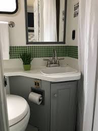 To Tie In Emerald Cabinets Vintage Camper Interior Small Bathroom Renovations Camper Bathroom