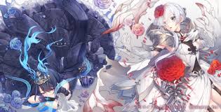 Snow white is one of the playable characters in sinoalice. 2girls Alice Sinoalice Black Hair Bow Cape Elbow Gloves Flowers Gloves Goth Loli Gray Eyes Hoodie Lolita Fashion Magic Petals Red Eyes Rose Short Hair Sinoalice Snow White Sinoalice Takamiya Ren Tiara Watermark